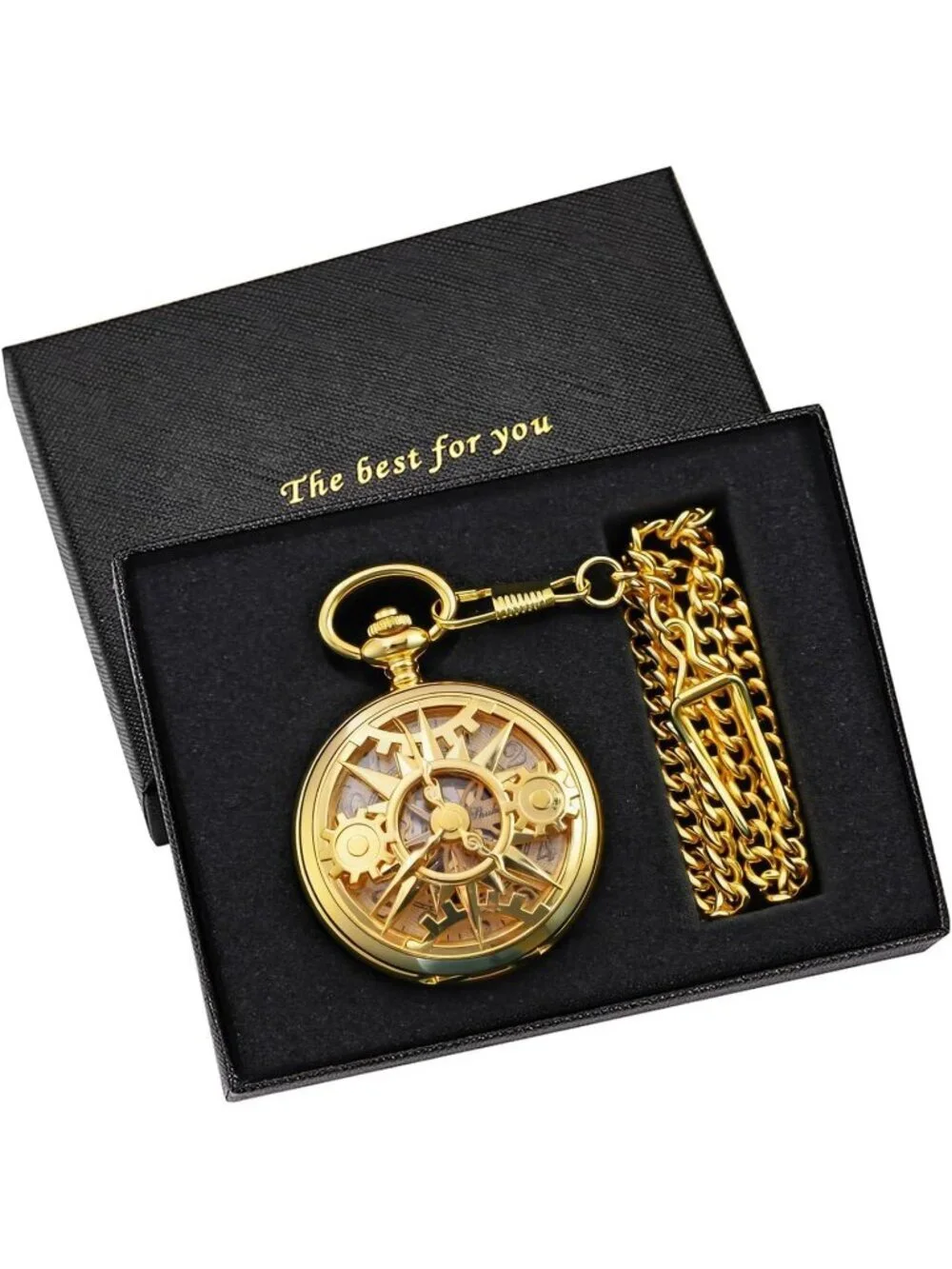 Mens All Gold Vintage Style Hollow-Out Round Gear Arabic Mechanical Pocket Watch